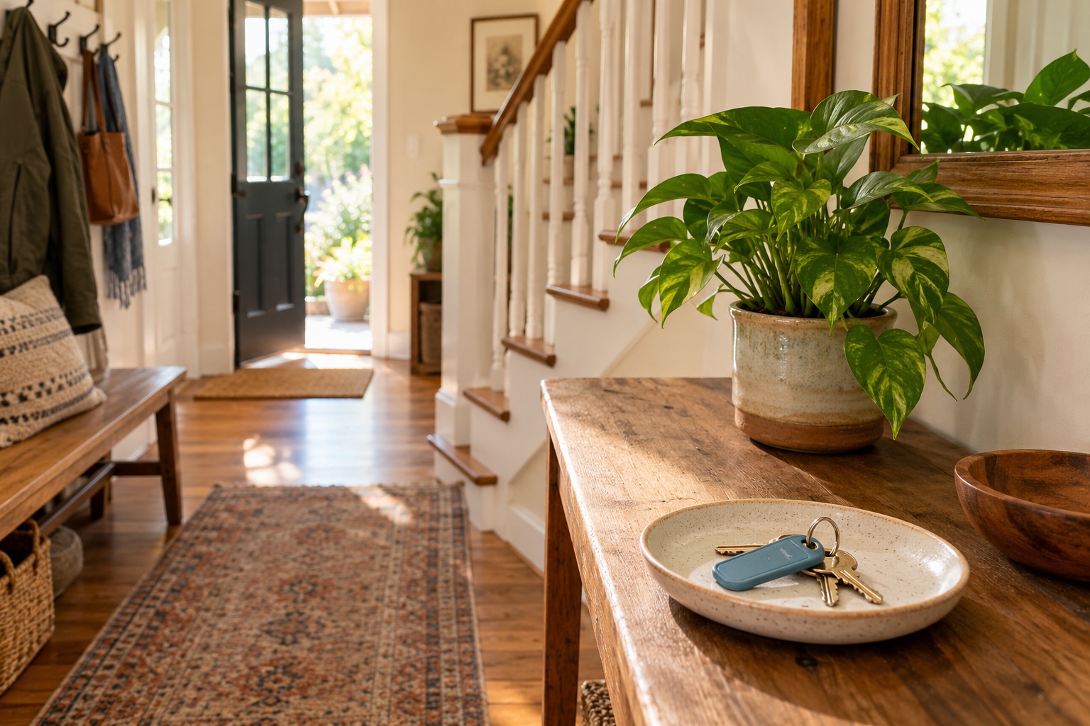 Illustrative entryway with keys in a tray on a console to the right and a bench to the left
