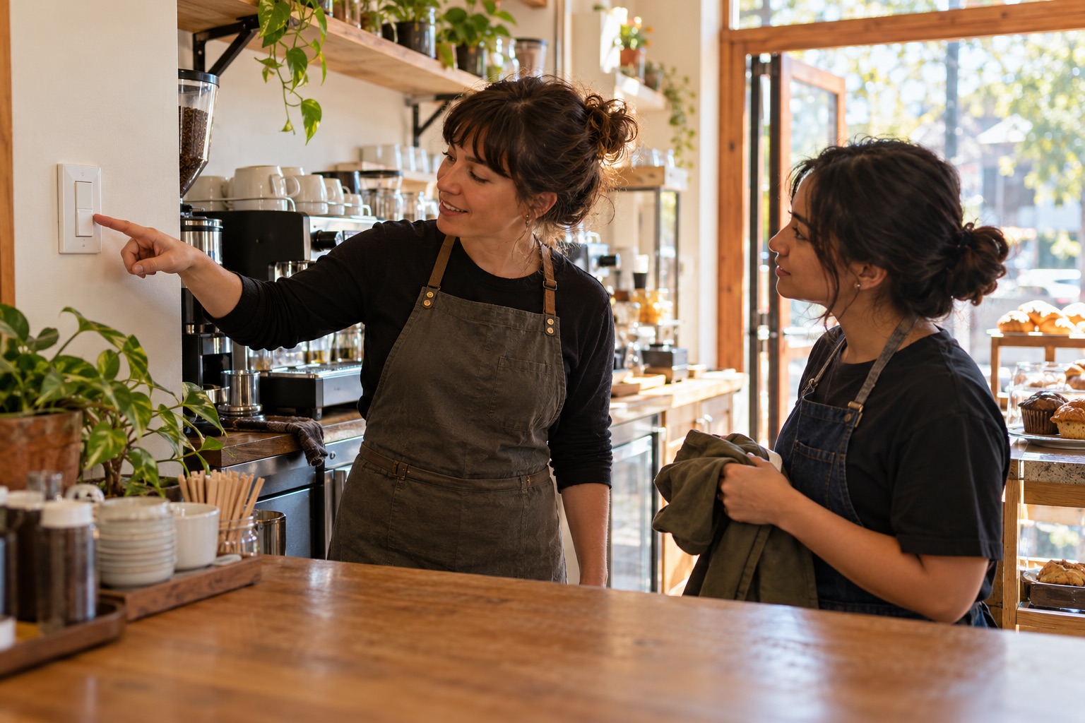 Illustrative cafe coworkers beside the counter before opening, one pointing out a wall switch